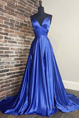 Simple blue v neck satin long prom dress blue evening dress