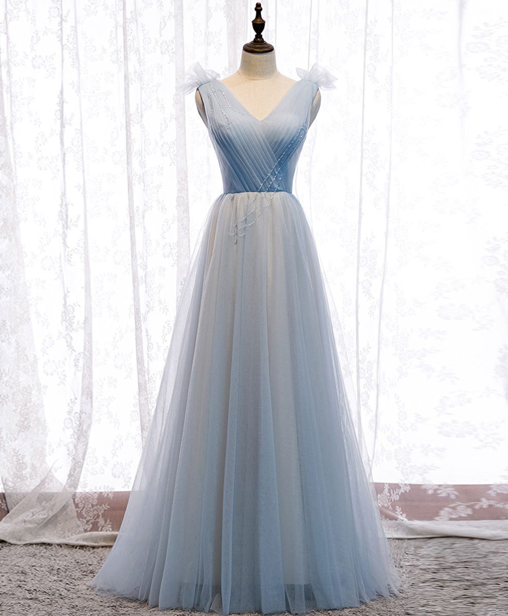 Simple Blue V Neck Tulle Long Prom Dress, Blue Formal Party Dresses