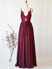 Simple burgundy chiffon lace long prom dress, burgundy evening dress