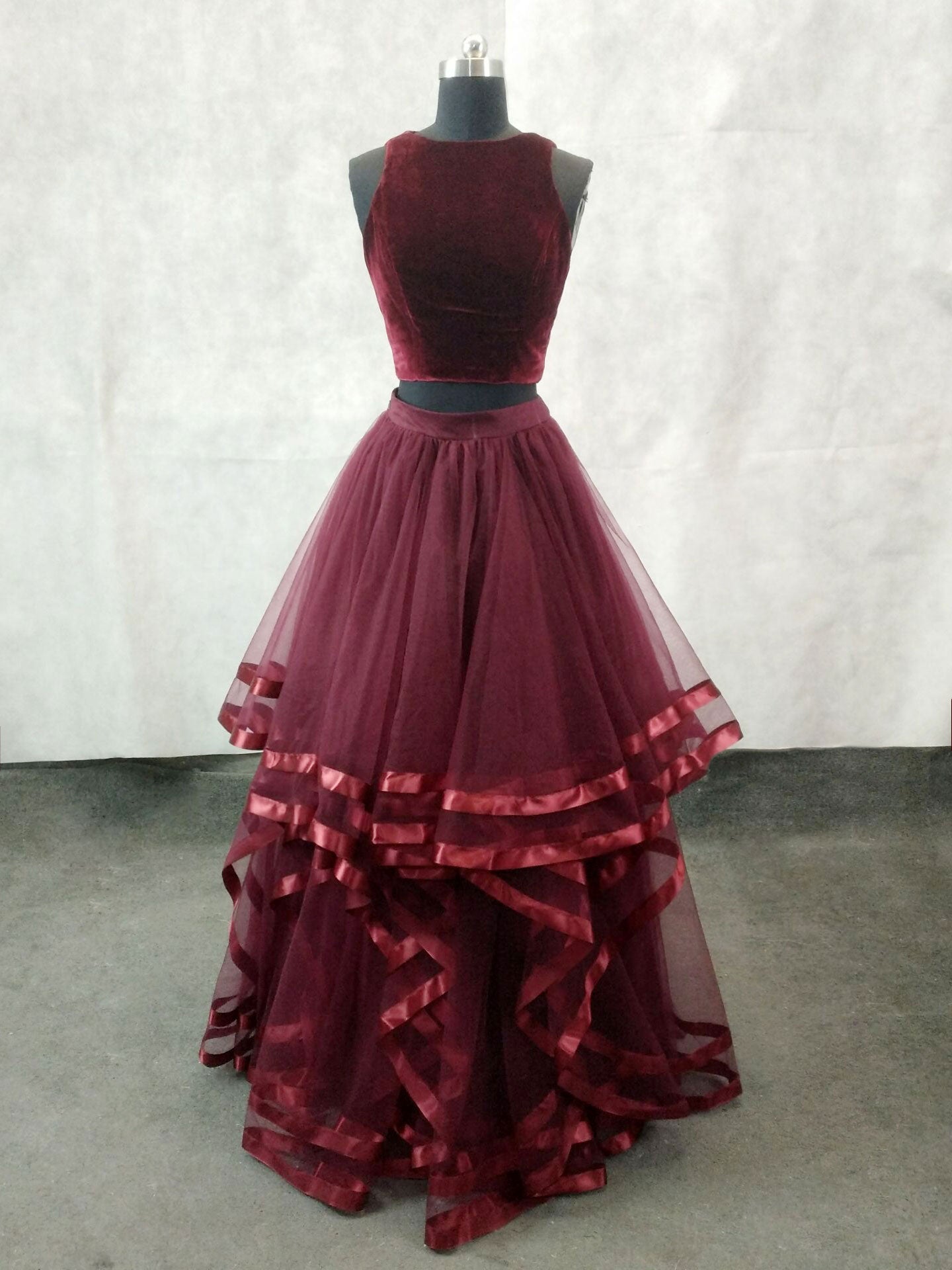 Simple Burgundy Two Pieces Tulle Long Prom Dress, Burgundy Evening Dress