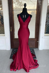 Simple burgundy v neck satin mermaid long prom dress burgundy evening dress