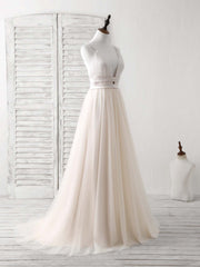 Simple Champagne Tulle Long Prom Dress Tulle Evening Dress