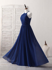 Simple Dark Blue Chiffon Long Prom Dress Blue Bridesmaid Dress