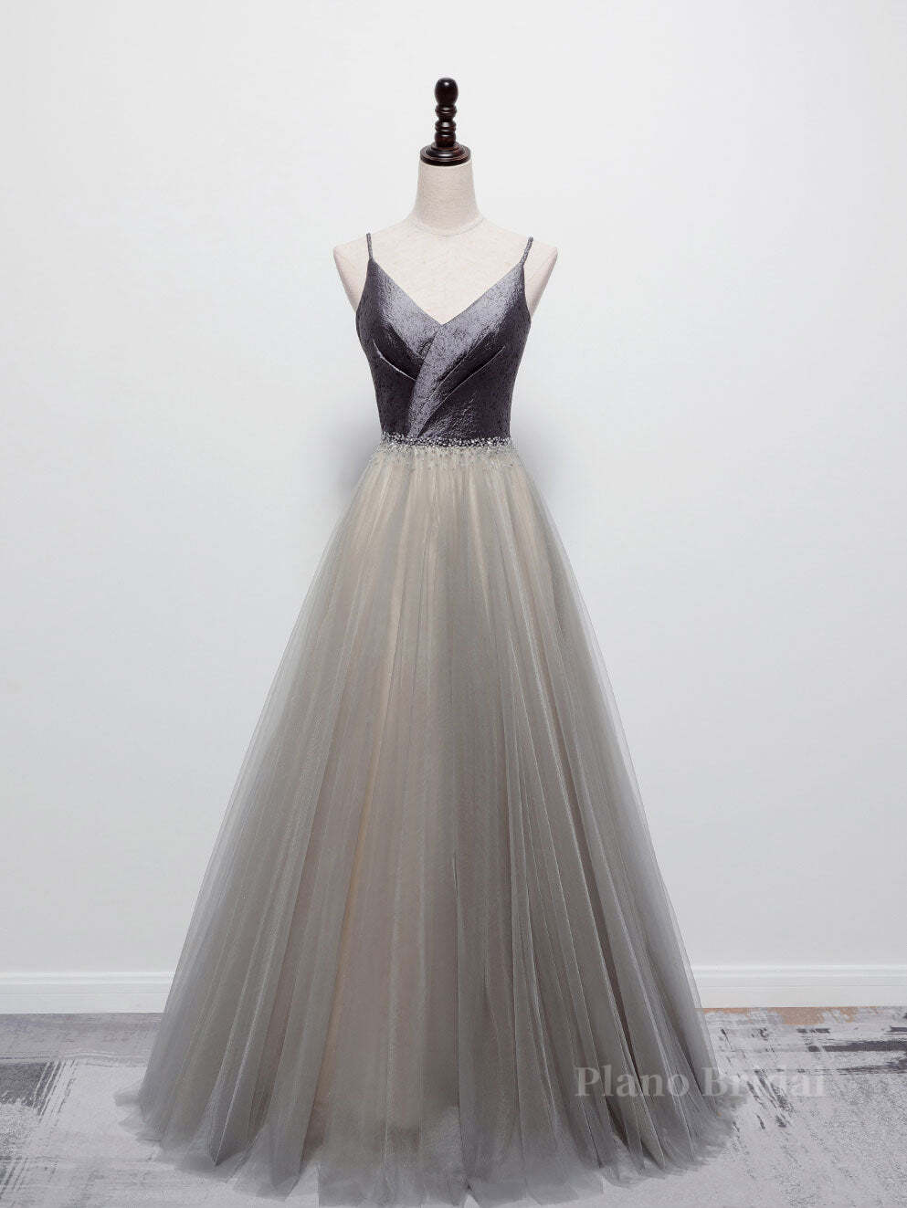 Simple gray v neck tulle long prom dress, gray tulle formal dress