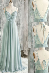 SIMPLE GREEN V NECK CHIFFON LACE LONG PROM DRESS LACE BRIDESMAID DRESS