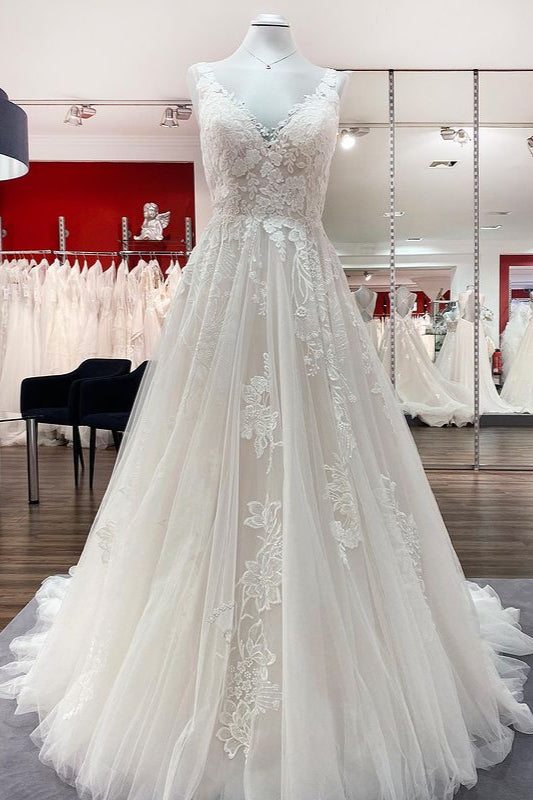 Simple Long A-line Tulle Lace V Neck Appliques Lace Open Back Wedding Dress