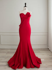 Simple Red Satin Mermaid Long Prom Dress, Red Formal Evening Dress