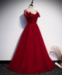 Simple Round Neck Tulle Burgundy Long Prom Dress, Burgundy Formal Dresses