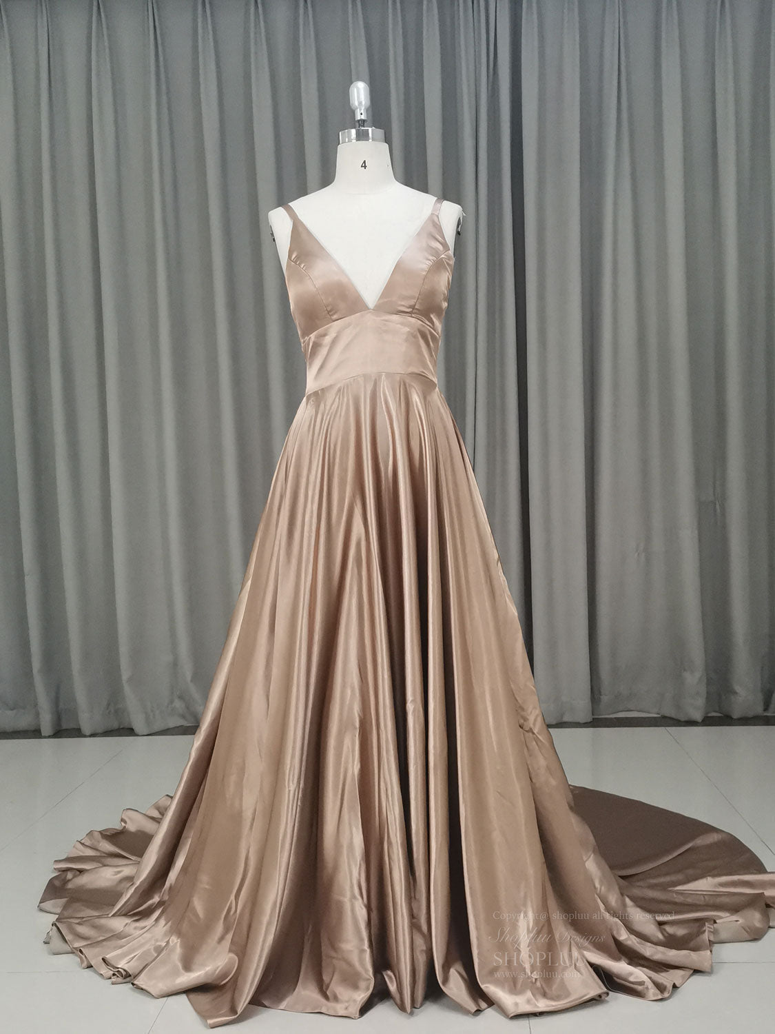 Simple v neck satin champagne long prom dress champagne evening dress