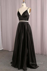 Simple V Neck Two Pieces Black Prom Dresses, 2 Pieces Black Long Formal Dresses, Black Evening Dresses