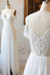 Simple white off shoulder chiffon lace long prom dress evening dress