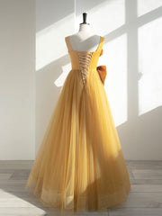 Simple Yellow Tulle Long Prom Dress, Yellow Formal Bridesmaid Dresses