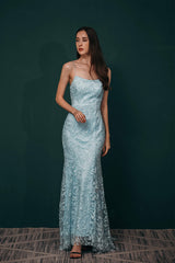 Sky Blue Backless Long Lace Spaghetti Straps Prom Dresses