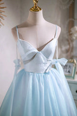 Sky Blue Spaghetti Straps Party Dress, Cute A-Line Tulle Homecoming Dress