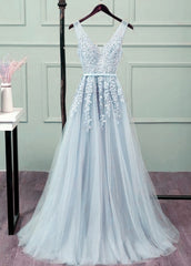 Sliver-Grey Tulle Long Lace V-neckline Party Dress, Floor Length Prom Dress