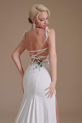 Spaghetti Straps Appliques Sweep Train High Split Prom Dresses