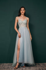 Spaghetti Straps Beading Front Split Long Sky Blue Prom Dresses