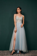 Spaghetti Straps Beading Front Split Long Sky Blue Prom Dresses