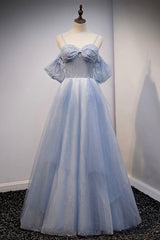 Spaghetti Straps Blue Tulle Long Prom Dress, Off the Shoulder Evening Dress