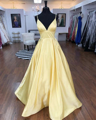 Spaghetti Straps V-neck Long Daffodil Simple Satin Prom Dresses