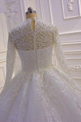 Sparkle Lace Ball Gown High Neck Tull Long Sleevess Wedding Dress