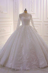 Sparkle Lace Ball Gown High Neck Tull Long Sleevess Wedding Dress