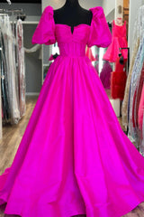 Square Neck Fuchsia Puff Sleeves A-Line Prom Dress