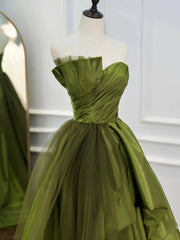 Strapless Green High Low Prom Dresses, High Low Green Long Formal Evening Dresses