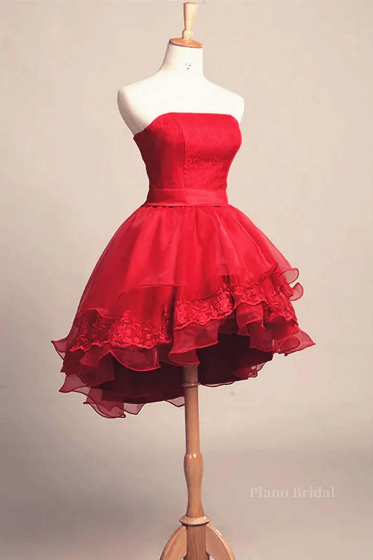 Strapless High Low Red Lace Prom Dress, High Low Red Homecoming Dress, Short Red Lace Formal Graduation Evening Dress