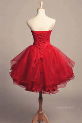 Strapless High Low Red Lace Prom Dress, High Low Red Homecoming Dress, Short Red Lace Formal Graduation Evening Dress