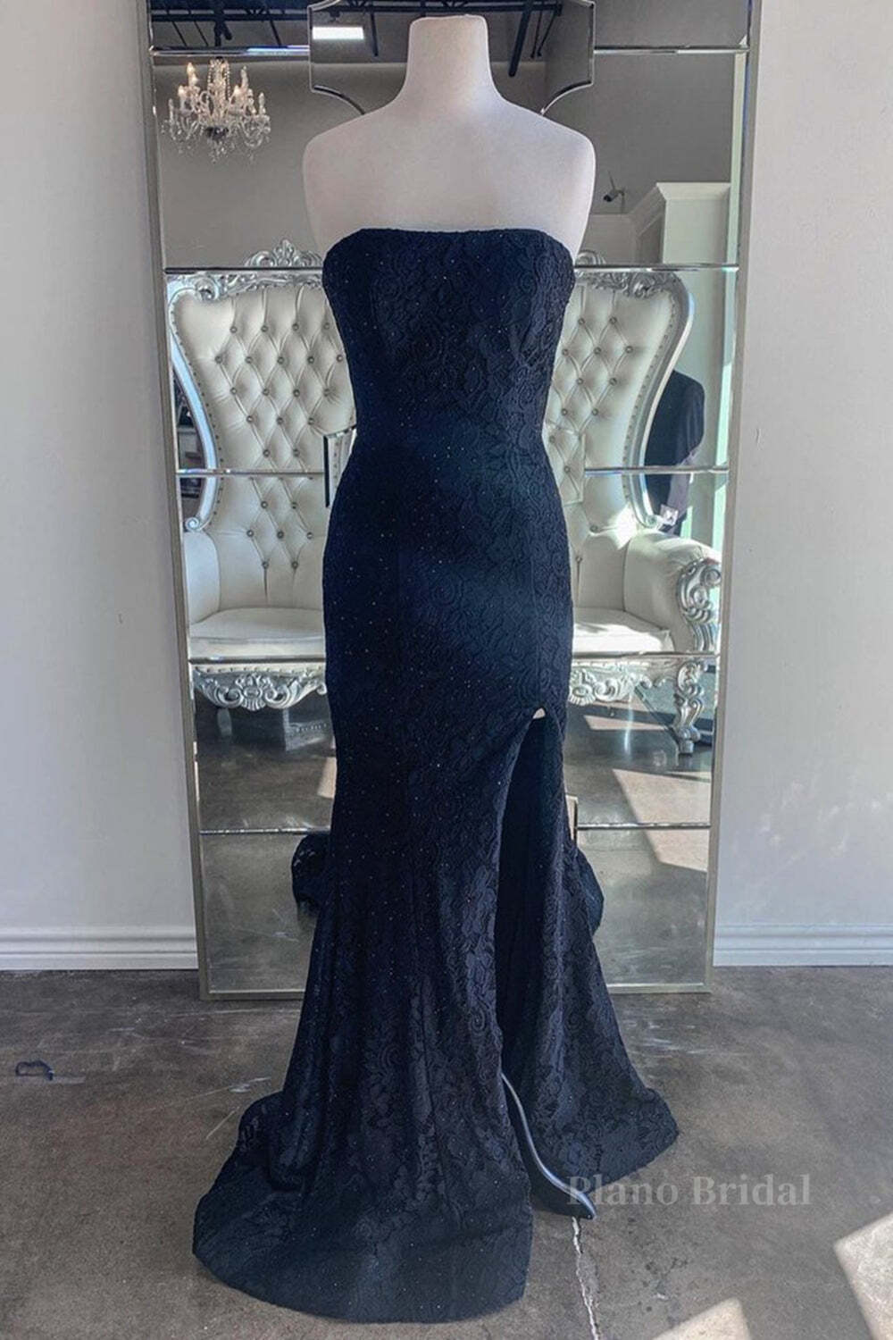 Strapless Mermaid Dark Blue Lace Long Prom Dresses, Mermaid Dark Blue Lace Formal Dresses, Dark Blue Lace Evening Dresses