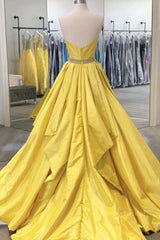 Strapless Open Back Fluffy Yellow Satin Long Prom Dress, Layered Yellow Formal Evening Dress