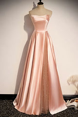 strapless pink satin long party dress formal prom dress