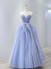 Strapless Purple Tulle Long Prom Dresses, A-Line Purple Long Formal Evening Dress