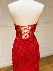 Strapless Red Lace Mermaid Long Prom Dresses, Red Mermaid Long Lace Formal Evening Dresses