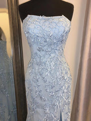 Strapless Sky Blue Lace Mermaid Long Prom Dresses, Blue Lace Mermaid Formal Graduation Dresses