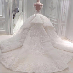 Strapless Sparkle Luxurious Train See through Ball Gown Wedding Dress