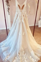 Stunning Long A-Line V-neck Tulle Floral Lace Wedding Dress