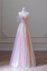 Stylish Tulle Sequins Long Prom Dress, A-Line Sweetheart Neckline Evening Dress