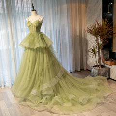 Sweetheart Neck Green Tulle Long Prom Dresses, Green Tulle Long Formal Graduation Dresses