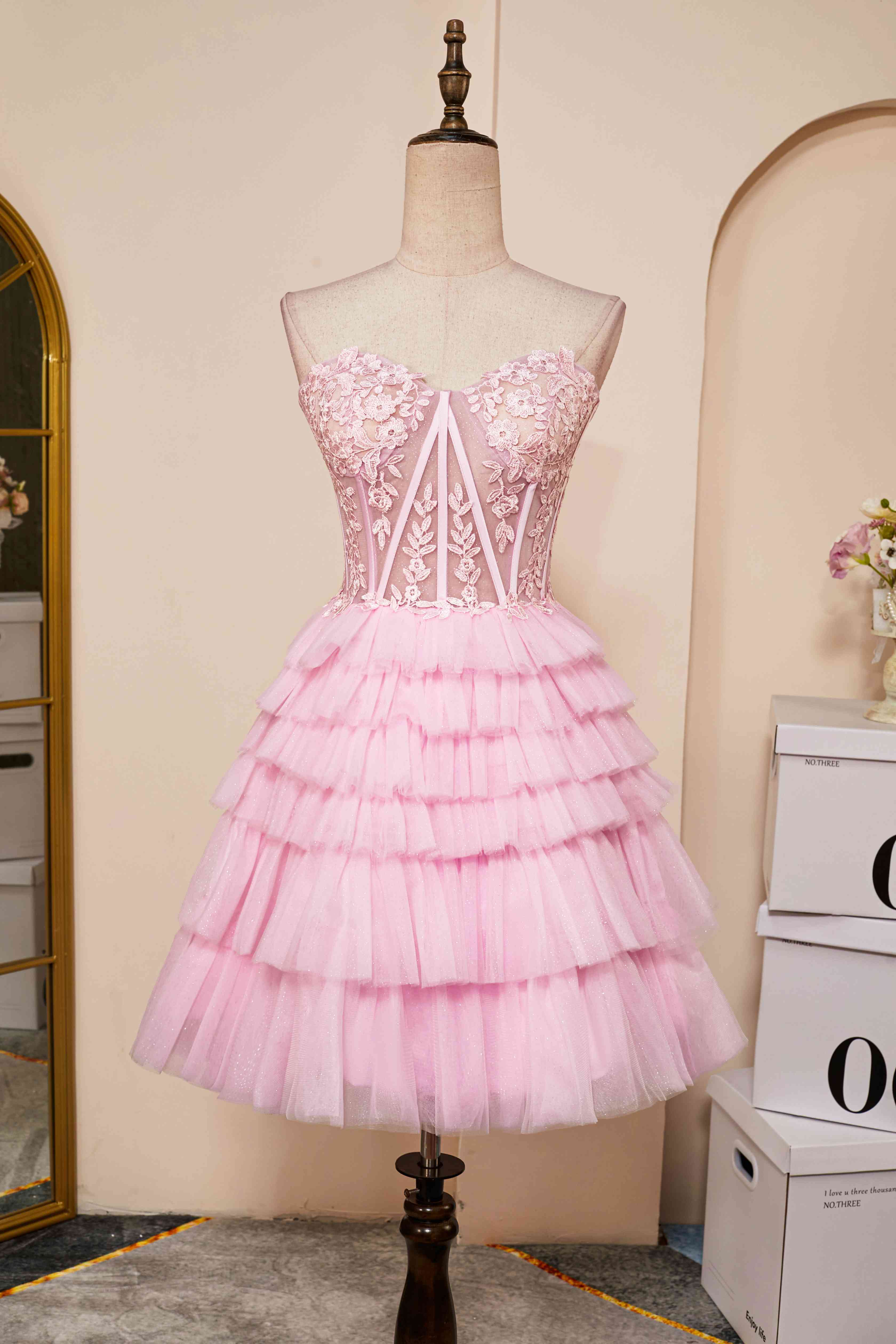 Sweetheart Pink Lace Corset Tiered Short Homecoming Dress