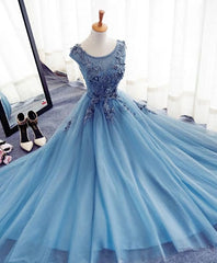 Blue A Line Tulle Lace Long Prom Dress, Evening Dress