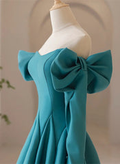 Teal Blue Long Sleeves with Bow A-line Sweetheart Prom Dress, Teal Blue Evening Dress