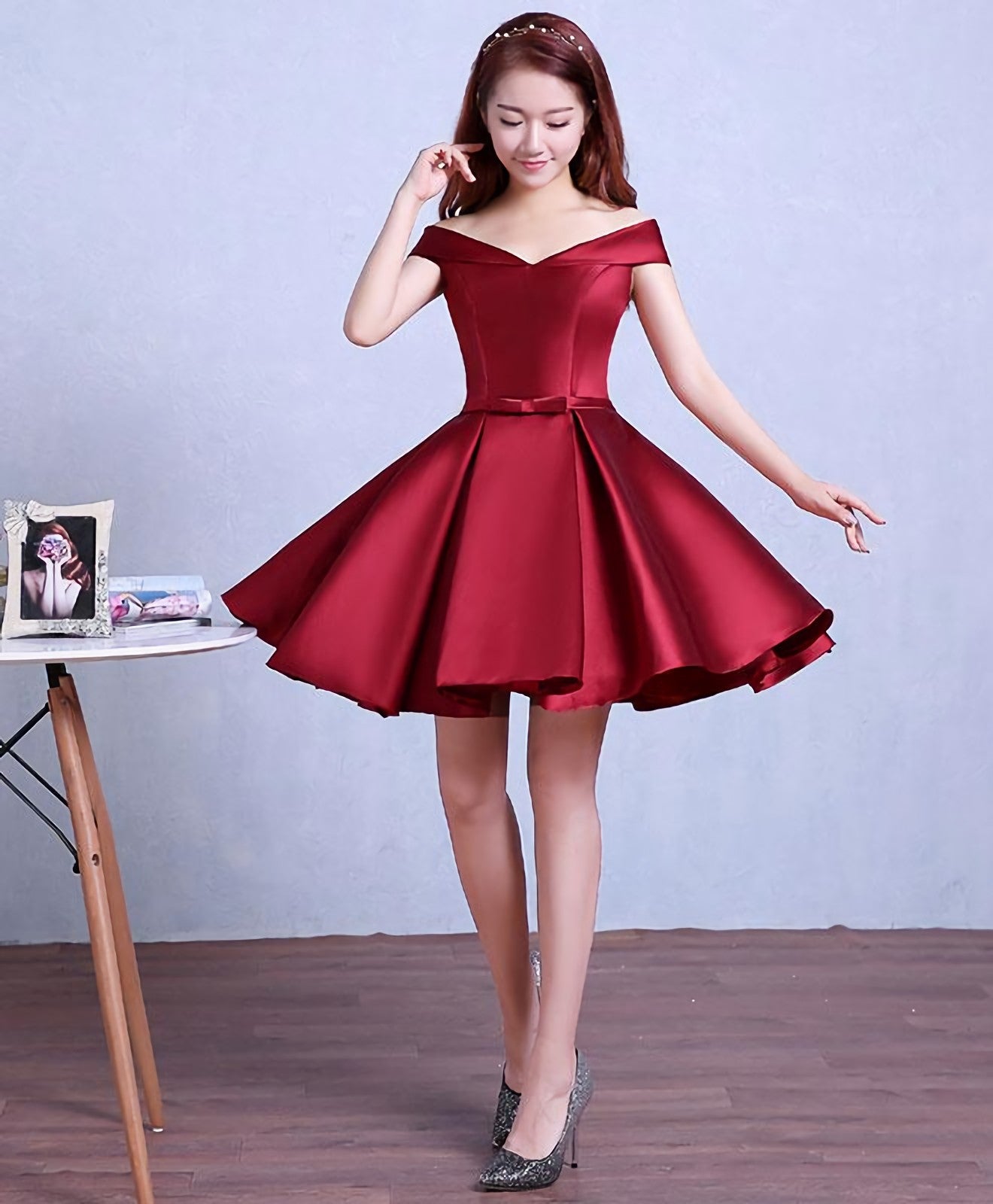 Burgundy Knee Length Prom Dress, Homecoming Dress