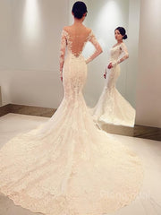 Trumpet/Mermaid Off-the-Shoulder Chapel Train Lace Wedding Dresses With Appliques Lace