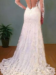 Trumpet/Mermaid V-neck Sweep Train Lace Wedding Dresses With Appliques Lace