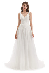 Tulle Lace V-neck Backless Wedding Dresses