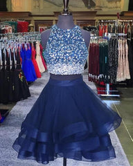 Two Piece Ruffles Ball Gown Homecoming Dresses,Navy Blue Semi Formal Dress