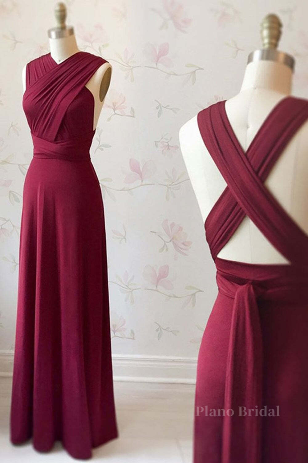 Unique Burgundy Long Prom Dresses with Cross Back, Burgundy Formal Graduation Evening Dresses, Burgundy Bridesmaid Dresses