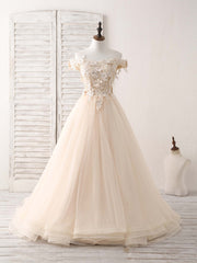 Unique  Lace Applique Tulle Long Champagne Prom Dresses Sweet 16 Dress